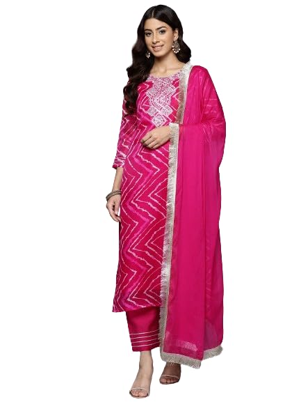 Varanga Women Fuchsia Bandhani Printed Zari Embroidered Kurta With Bottom And Dupatta