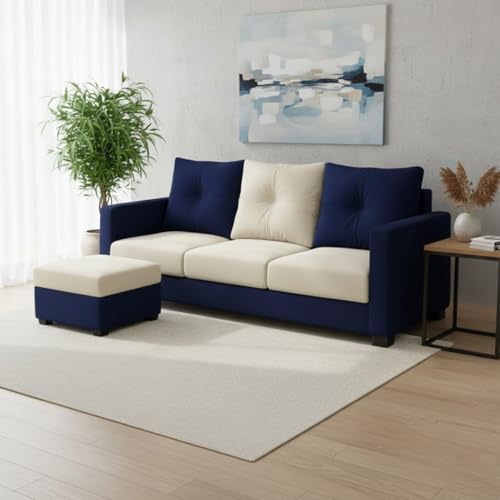 Image of FURNY Heritage 3 Seater Fabric Sofa Set with 1 Ottoman (Dark Blue-Cream) with Velvet Finish | Durable Comfort | Ideal for Living Room. | Breathable material