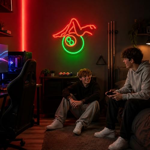Image of Billiards Lady Neon Sign, JGHTURIE Back Led Neon Signs for Wall Decor - Red Light Up Sign Preppy Girls Bar Pool Table Accessories Game Room Birthday Party Decor Gift USB Powered