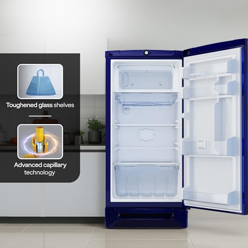 Image of Godrej 185L 5 Star Direct Cool Single Door Refrigerator Advanced Inverter Technology, 24 Days Farm Freshness, 22L Jumbo Vegetable Tray, Base Drawer & 5 Years Warranty (RD 195EN TDI MN BL, Marine Blue)