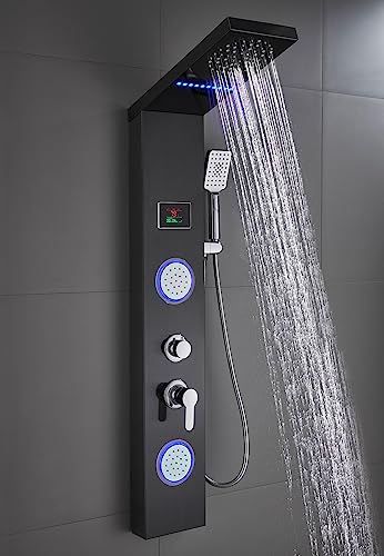 Image of ELLO&ALLO Shower Panel System Tower, LED Rainfall and Mist Head Rain Massage Stainless Steel Bathroom Fixtures with LED Body Jets, Brushed Black