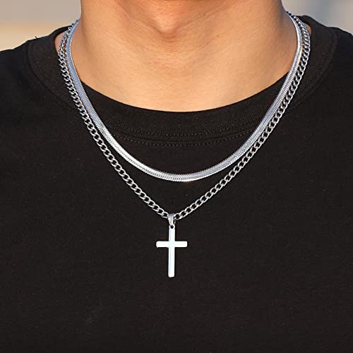 Zocomi Cross Necklace for Men Boys, Stainless Steel Layered Cuban Link Herringbone Chain Cross Pendant Christian Fashion Jewelry Gifts 16-24 Inches2