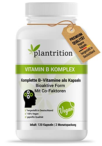 plantrition Vitamin B Komplex hochdosiert Vegan - alle acht B-Vitamine - Bioaktiv Quatrefolic mit Co-Faktoren - B1, B2, B3, B5, B6, B12, D-Biotin & Folsäure 120 Kapseln Cover