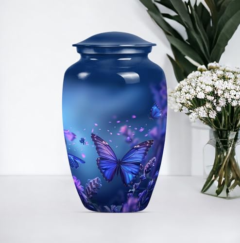 Image of Blue Butterfly Urn for Ashes - Large 10 Inch Cremation Urns for Human Ashes Adult Male Female - Decorative Funeral Urn for Women - Blue Urns for Adult Human Mom - Ash Holders (Size:- 10 Inch 1 Pc)