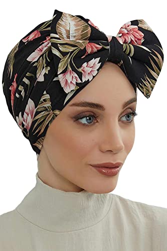 Aisha's Design Printed Instant Turban for Women 95% Cotton Head Wrap Lightweight Head Scarf Bonnet Cap with Bowtie Patterns