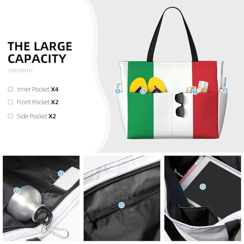 italy flag Large capacity beach bag with zipper, perfect for grocery bag pool gym travel shopping foldable beach travel bag,3