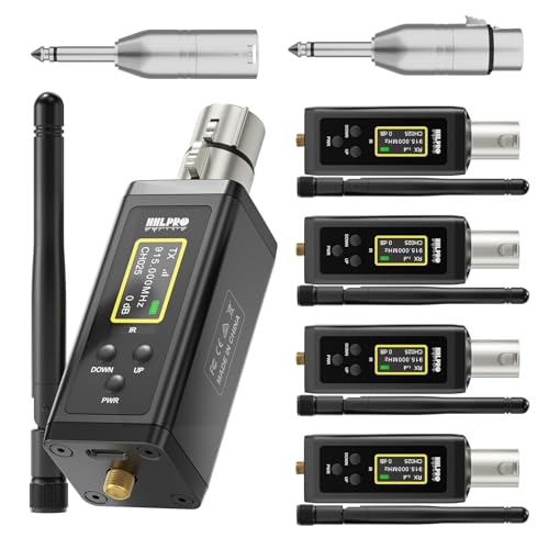 Transmisor inalámbrico UHF XLR con 1 transmisor y 4 receptores, antenas duales, 902-927MHz, rango de 500 pies, 50 canales, Auto-Scan, adaptador inalámbrico para micrófono dinámico miniatura 1