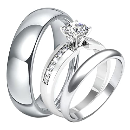 14K White Gold Over Round Cut White Diamond 925 Sterling Silver Diamond Wedding Band Engagement Promise Trio Ring Set for His & Her