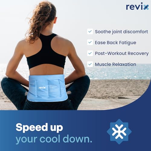 Image of REVIX Ice Pack for Injuries Reusable Gel for Lower Back & Shoulder, Blue | 16x9in Full Coverage for Lower Back, Shoulder, Hip & Knee, Cold Compress Therapy, Hands-free Strap, Long-lasting Gel