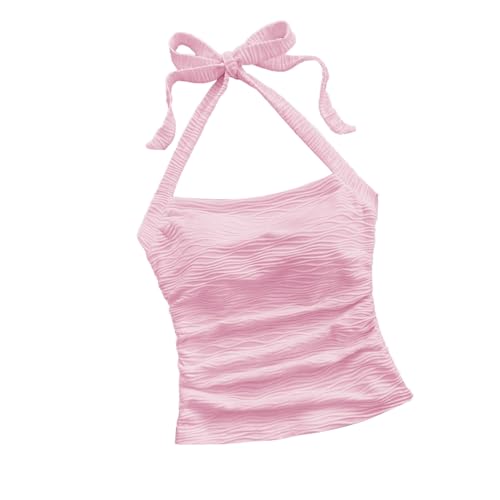 Women's Ruched Halterneck Y2K Crop Tops Tie Back Sleeveless Slim Fit Cami Top Teen Girls Textured Square Neck Shirts (Pink Small)