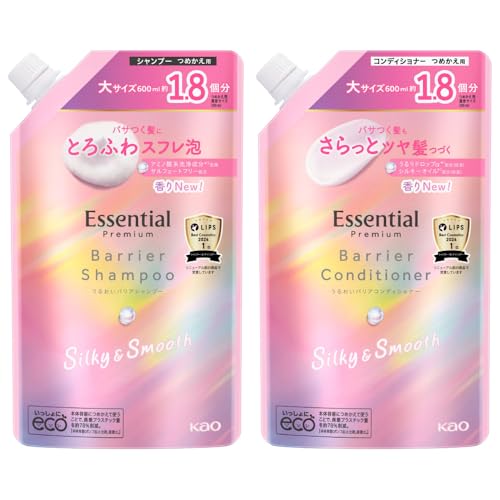 エッセンシャル プレミアム うるおいバリアシャンプー&トリートメント シルキー&スムース つめかえ用 各600ml