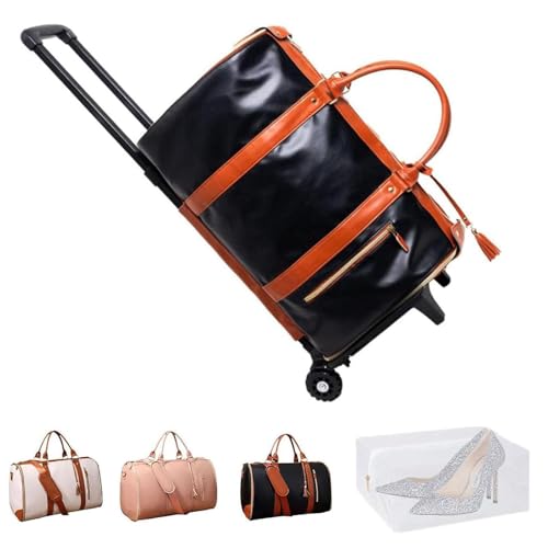 Jenni Bag, PU Leather 2 in 1 Hanging Suitcase Travel Bags, Jenni Bag Travel Bag with Wheels, Convertible Garment Duffel Bag, High Capacity with Shoe Compartment (Black-With pull rod)