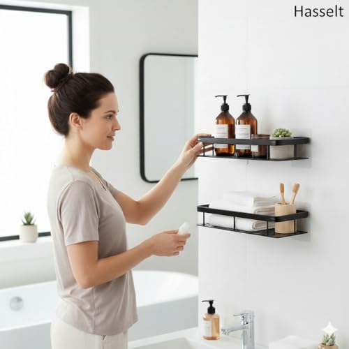Image of 2-Pack Aluminium Self Adhesive Bathroom Shelf Organizer - Wall Mounted, Organiser Without Drill, Floating Storage Rack Holder Stand for Bathroom, Kitchen Accessories - Large Capacity Rustproof