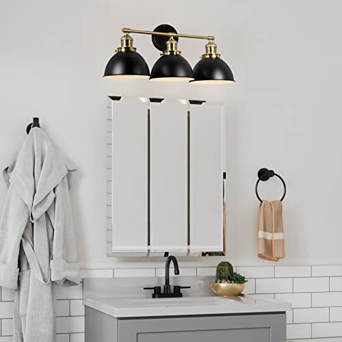 Image of Design House Savannah Rustic Farmhouse 3-Light Bathroom Vanity Light, Dimmable, Satin Gold, Matte Black Metal Shade, 26 in x 9 in x 10.88 in, 588301-BGD