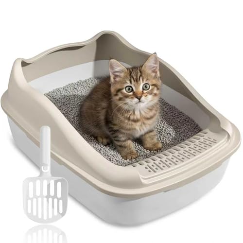 NeoStyle Semi-enclosed Cat Litter Box With Round Edges Large Anti-splash Box With Cat Litter Shovel Cat Sandbox Cat Toilet (49x37x11cm)