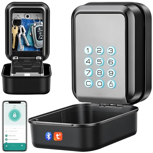 BTNEEU Smart Caja de Seguridad para Llaves Grande Cajetin Llaves con Codigo Retroiluminada Bluetooth y Código Pin Desbloquear Caja Llaves Pared Exterior Compatible con Aplicación Tuya (Gris)