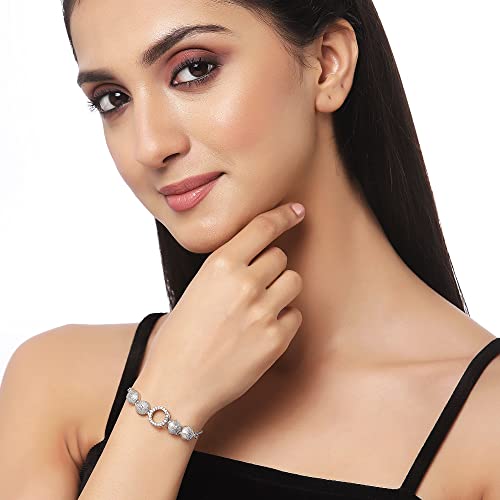 Image of ZENEME Rhodium-Plated Silver Toned American Diamond Geometric Circle Bracelet for Women & Girls CZ Studded Adjustable Designer Bracelet