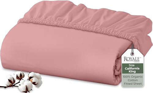 Image of Royale Linens 100% Organic Cotton Fitted Sheet - Percale Weave - Super Soft Deep Pocket Bottom Sheets - White Elastic Sheet King Cal Size - California King Fitted Sheets Only - (72 inchx84 inch+15 inch, Pink)