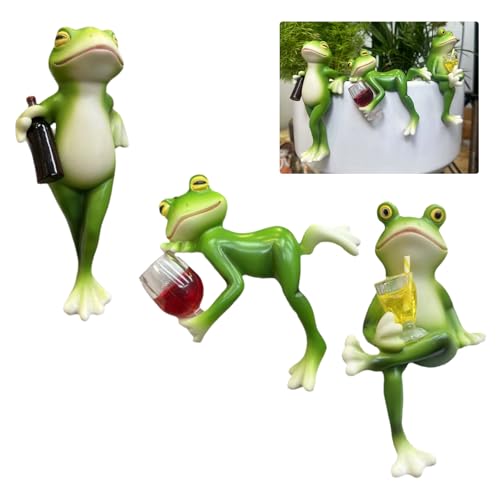 BRTNUP Garten Deko Frösche,Blumentopf Hänger,Wetterfeste Harzfiguren 13cm,Lustige Miniteich Gartendeko,Blumentopfhänger Figuren Balkon Garten Topfdekorationen (3 Frösche)