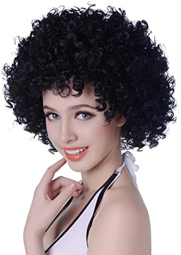 AICKER Short Kinky Curly Afro Wig for Women Men, 70s Synthetic Heat Resistant Wigs, Funny Party Cosplay Hair (Black)