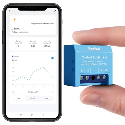 Xeefeel PM Mini WLAN & Bluetooth Smarter Stromzähler 1 Kanal 16A Kein Relaisschalter Leistungsmessung Echtzeit-Energiezähler kein Hub Erforderlich Alexa & Google Home Hausautomation