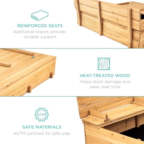 Image of Best Choice Products Large Outdoor Wooden Sand Box for Kids, Sandbox with Cover, Bench Seats Support up to 220 lbs, Bottom Liner for Drainage, Cedar Wood - Natural