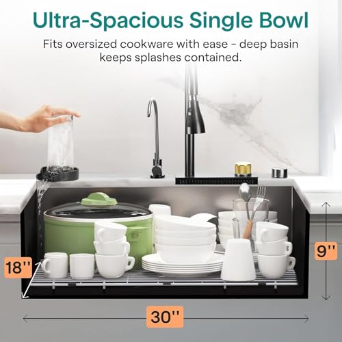Image of LUXART 30x18x9 Inch Multifunctional Waterfall Sink | Stainless Steel Workstation with Cup Washer | Pull-Down Faucet | and Honeycomb Anti-Scratch Design