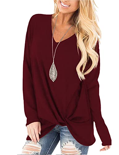Image of SimpleFun Long Sleeve Shirts for Women Twist Knot Burgundy Sweater V Neck Plus Size Cozy Xmas Sweater Tunics 3X