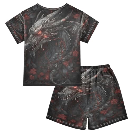 ALAZA Dragon Leaf Flower Pajamas Set Short Sleeve Cotton Sleepwear Summer Pjs 2 Piece 5-14Y2