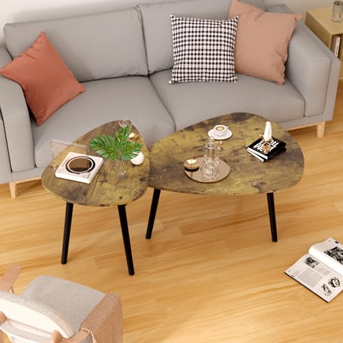Wolawu Coffee Table Brown Nesting Table Set of 2 End Table for Living Room,Triangle Table Modern...