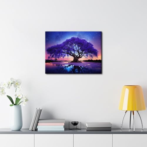 Image of Purple Wall Art for Living Room Tree of Life Wall Decor Abstract Starry Night Forest Landscape Picture Canvas Paintings Space Nebula Scenery Poster Artwork Bedroom Office Home Decorations 12x16 inch