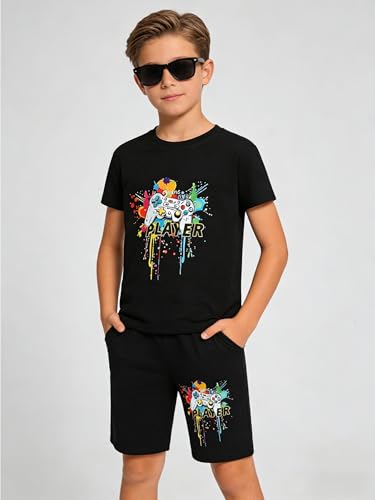 Image of Cakaner Tween Boys Summer Clothes 2 Piece Short Sleeve Graphic T-Shirt and Shorts Casual Outfit Set Size 7-14