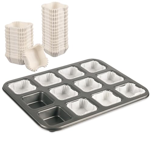 UCBAT 12 Cavity Brownie Pan with Dividers Non Stick Square Carbon Steel Muffin Baking Bakeware with 300 PCS Parchment Liners Dark Gray