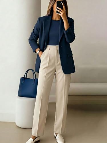 Image of KATECLO Women's Wide Leg Pants | Beige Polyester Trousers | Stylish Korean Clothing | Flared, Straight Fit, Baggy, and Loose Jeggings for Girls and Women