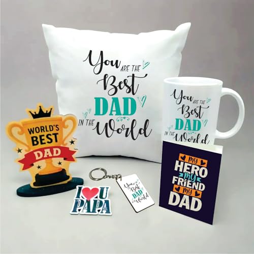 Image of PICRAZEE Father Gift Combo 6-in-1 | You are the Best Dad Cushion with Filler (12x12), Ceramic Mug, Trophy Standy, Fridge Magnet, MDF Keyring & Greeting Card | Birthday Gift for Father