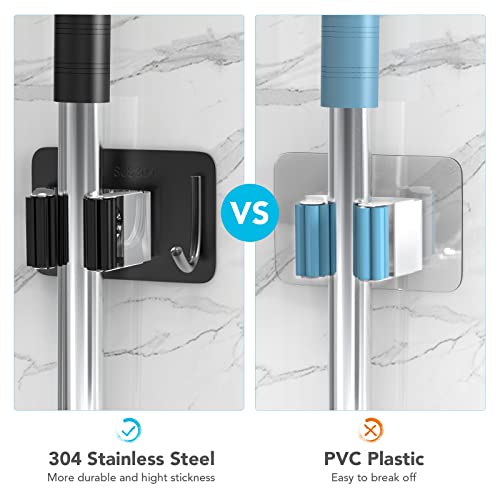 Image of homeasy Broom Holder Wall Mount 4Pcs, Self Adhesive Mop Broom Hanger | Self adhesive stainless steel broom organizer with 4 hooks, holds mops, brooms and garden tools without drilling