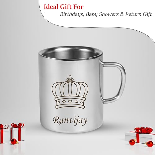 Image of SAVRI Personalized Stainless Steel Mug for Kids with Customized Name Engraved & Cartoon Design | 220 ml Double Wall Insulated Mug for School, Milk, Juice & Water (King Crown)