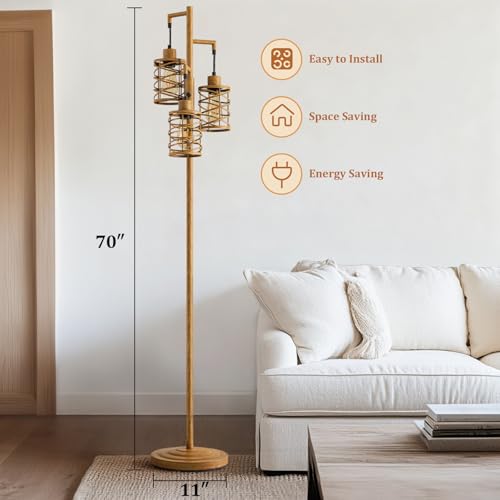 Image of Oneach 70 inch Industrial Floor Lamp, Stepless Dimmable Standing Lamp with 3 Bulbs, Farmhouse Corner Standing Tree Lamp for Living Room, Tall Lamps for Bedroom, Office, Study Room, Dining Room, Wood Grain