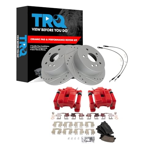 Image of TRQ Performance Rear Brake Pad and Rotor Set Ceramic Coated Slotted Drilled