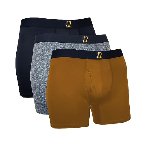 J2 Ultimate Comfort Men's Boxer Briefs - Cool Dri Moisture Wicking, Flexible Waistband, 3-Pack (Black, Gray, GoldBrown)