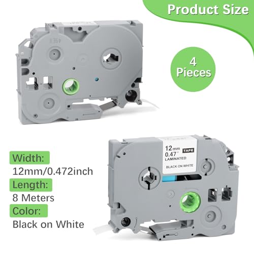 4 x Kompatibel für Brother P-Touch Bänder 12mm Kompatibel mit P Touch Schriftband Tze-231 TZ Tape 12mm 0.47''x8m White Tape Cassette Black on White für PT-H100 PT-H105 PT-D400 PT-1000