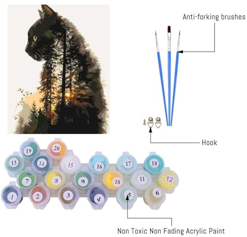 Image of Clendo Forest Cat Paint by Numbers for Adults, Painting by Numbers Kit on Canvas for Beginners, Adults' Paint-by-Number Kits Oil Painting Kits for Gift Home Wall Decor 16x20 Inch