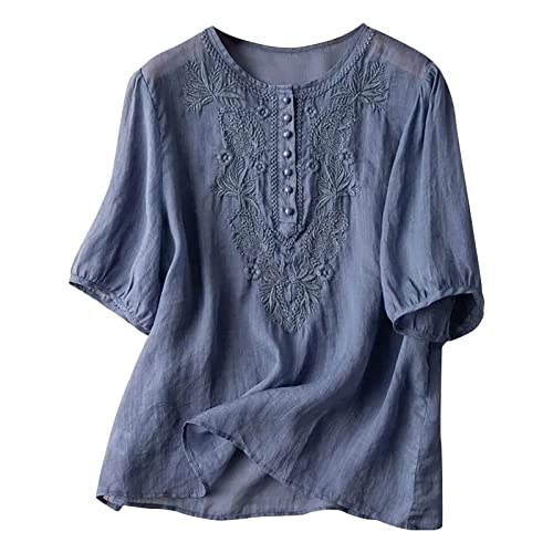 Blouse Femme Chic et Élégant Brodee Chemisier Coton et Lin Col Rond Haut D'été Respirant Blouse à Manches Courtes Couleur Unie Été Chemisier avec...