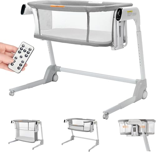 Image of BABHAMNESS Smart Baby Bassinet with Mattress, Sleep Bedside Bassinet, Portable Playpen, Electric Rocking Feature, Baby Crib, 5 Speeds, 17 Soothing Sounds, 7 Adjustable Heights, White