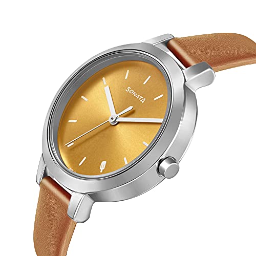 Image of Sonata Play Yellow Dial Women Watch with Leather Strap-8141SL03