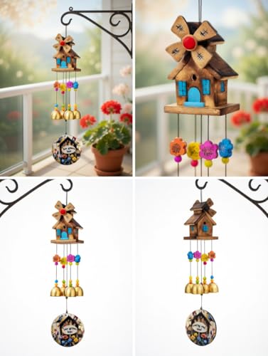 Image of PARADIGM PICTURES 4 Bell Wind Chime for Balcony Decoration, 'Love Grows Here' Pendant, Garden, Terrace Decor