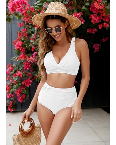 GRAPENT High Waisted Bikini Sets for Women Twist Front Tie Back 2 Piece Bathing Suit V Neck Ruched Swimsuits Bikinis4