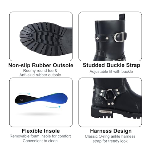Dream Apparel Women PU Leather Harness Motorcycle Boots for Riding Waterproof Studded Biker Boots with Side Zipper & Buckle, Black Engineer Combat Mid-Calf Footwear4
