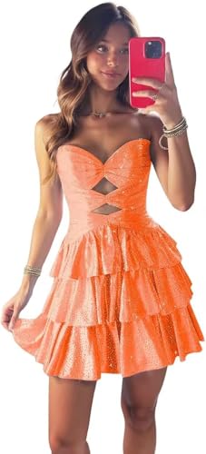 Sparkly Sequin Homecoming Dresses for Teens Short A Line Cut Out Tiered Prom Party Gown Strapless