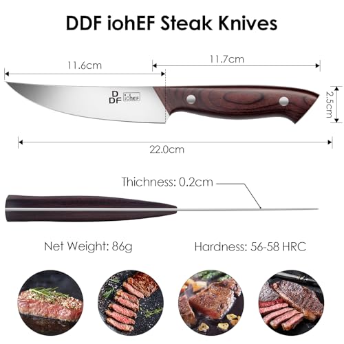 Image of DDF iohEF Steak Knives Set of 6, Non-serrated Steak Knife 4.5 Inch High Carbon Japanese Stainless Steel Kitchen Steak Knife 6 Pieces Dinner Knives Ultra Sharp with Ergonomic Handle and Gift Box